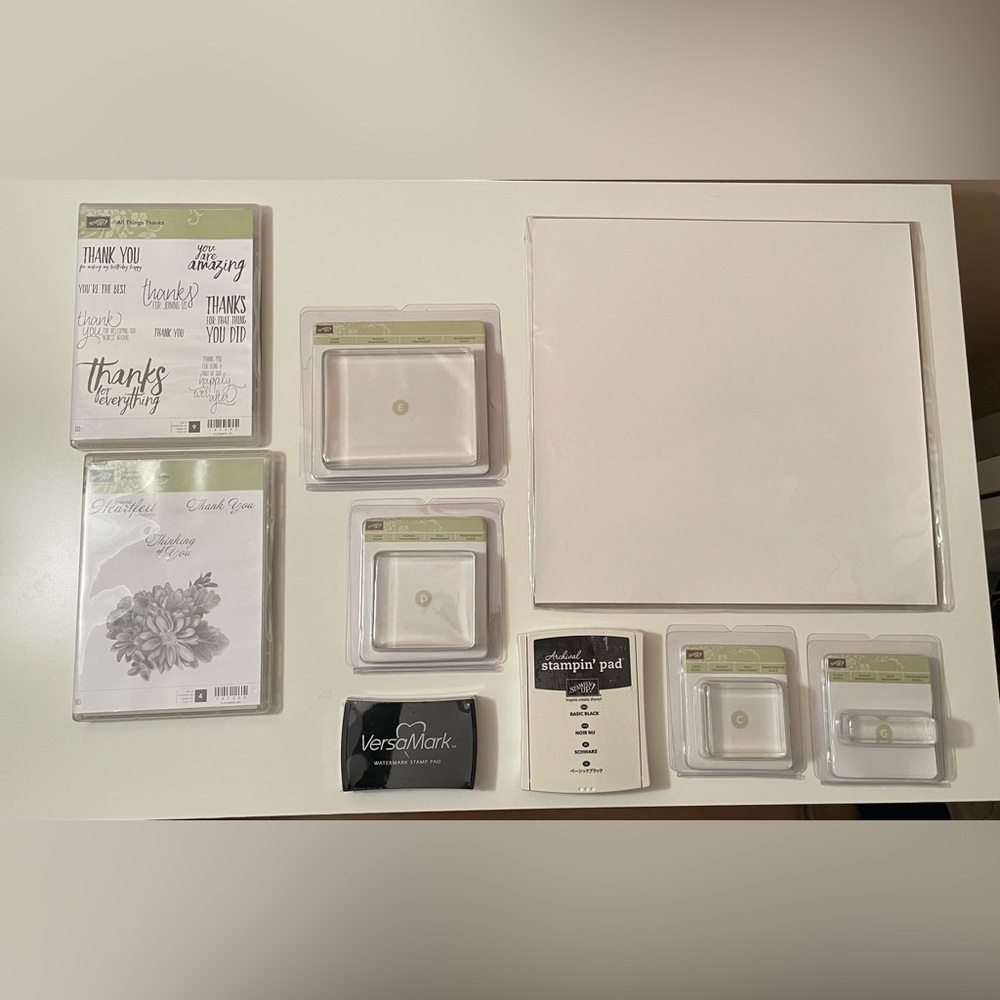 9-piece set Stampin’ Up stamps, blocks, ink, and paper, Thanks, Heartfelt Blooms